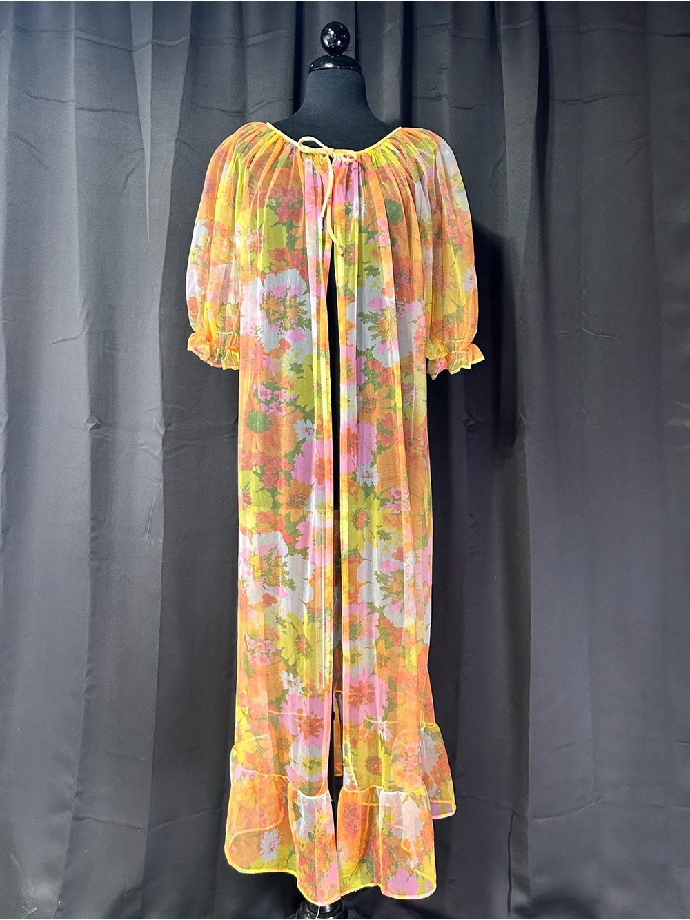 Sheer Floral Tie-Front Long Robe in Orange and Pink